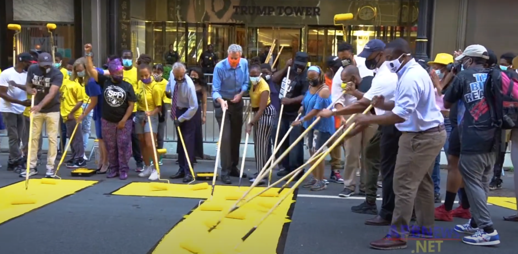 NYC Mayor Bill de Blasio Joins in to Paint the Fifth Avenue Black Lives Matter Mural outside of Trump Tower