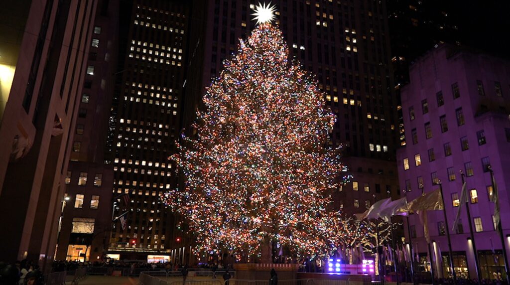 The 2022 Rockefeller Center Christmas Tree Shines bright in Midtown Manhattan-  With 50,000 Lights and a 3-million-Crystal Star
